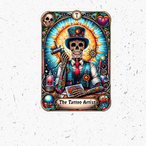 Carta del Tarot del Artista del Tatuaje PNG, Diseño de Sublimación de Esqueleto Genial, Pegatina para Taza de Camiseta con Calavera y Bruja Tatuadora de Moda PNG, Descarga Digital