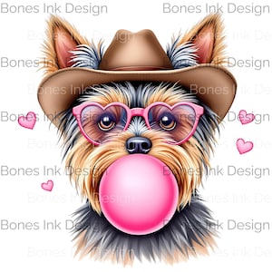 Trendy Yorkshire Terrier in Cowboy Hat Blowing Bubble Gum PNG Clipart for T-Shirt Design, Mug Wrap, DTF Transfer, Western Vibes Sublimation