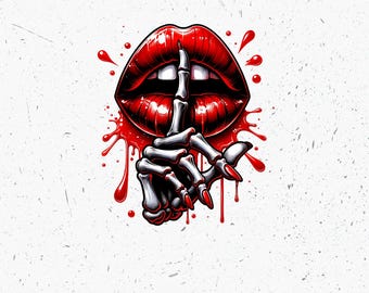 Red Lips Skeleton Hand Art, Gothic Digital Print, Skull and Lips Illustration, Horror Art Print, Macabre Decor, Halloween Wall Art