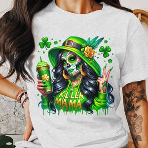 St Patrick Day Killer Mama PNG -Colorful Sugar Skull Character in Green Hoodie with Shamrock Beverage for Festive Celebrations,DTF Transfer