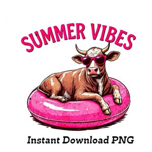 Trendy Summer Vibes Cow Clipart - Zabawna Krowa z Kreskówek z Okularami Przeciwsłonecznymi na Nadmuchiwanej Rurze do Projektowania T-shirtów i Pobierania Cyfrowego