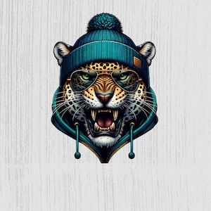 Cool Jaguar Mascot png, Fierce Sport Animal, Beanie and Shades, School Football Team, Digital Art Download, Unique Design, Graphic Resource