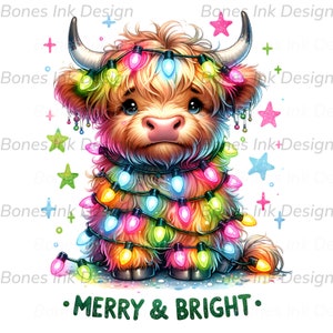 Fröhliche und helle Highland Kuh PNG, verhedderte Weihnachtslichter digitaler Download, niedliche Färse Kuh Sublimationsdesign, lustige Tshirt DTF Transfer