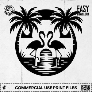 Flamingo Clipart PNG, Digital Download, Tropical Beach Scene, Palm Trees, Summer Vibes, Printable Design, Commercial Use OK