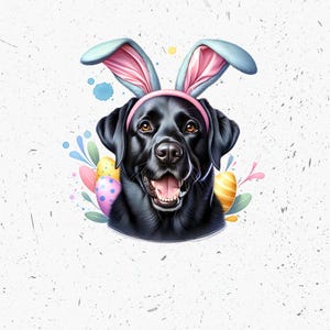 Cheerful Black Labrador in Bunny Ears with Colorful Easter Eggs - Trendy PNG Clipart for T-shirt Design and Sublimation