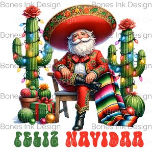 Festive Mexican Santa Claus PNG With Colorful Cacti and FELIZ NAVIDAD