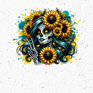 Calavera de azúcar vibrante con girasol Clipart PNG para camisetas, vasos, arte de sublimación, decoración de pared de descarga instantánea, diseño de archivo DTF