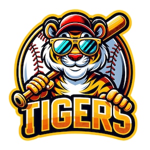 Trendy Tigers Cartoon Baseball Mascot - oversized zonnebril en pet-perfect voor T-shirts, sublimatie, DTF, png - digitale download, teamlogo