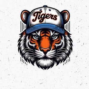 Mascote Tigre Feroz PNG com Boné Azul Claro - Design Gráfico do Logotipo do Time de Beisebol Tigers para Camiseta da Moda e Download Digital