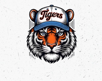 Fierce Tiger Mascot PNG with Light Blue Cap - Tigers Baseball Team Logo Graphic Design for Trendy T-shirt and Digital Download