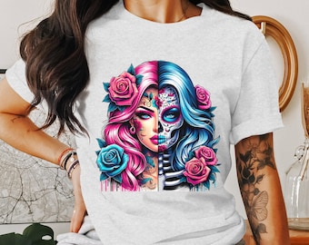 Vibrant Day of the Dead Woman&#39;s Face PNG Clipart Illustration for T-Shirt and Tumbler Design - DTF Transfer