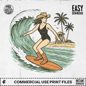 Ride the Tide Cowgirl, Retro Surfer Girl PNG SVG, Vintage Beach Clipart Design, Cowgirl Surfing, Western Graphics