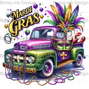 Vibrant Mardi Gras png Vintage Truck Clipart with Mask, Lobster, and Beads for T-shirt Design and Sublimation Projects,DTF Transfer