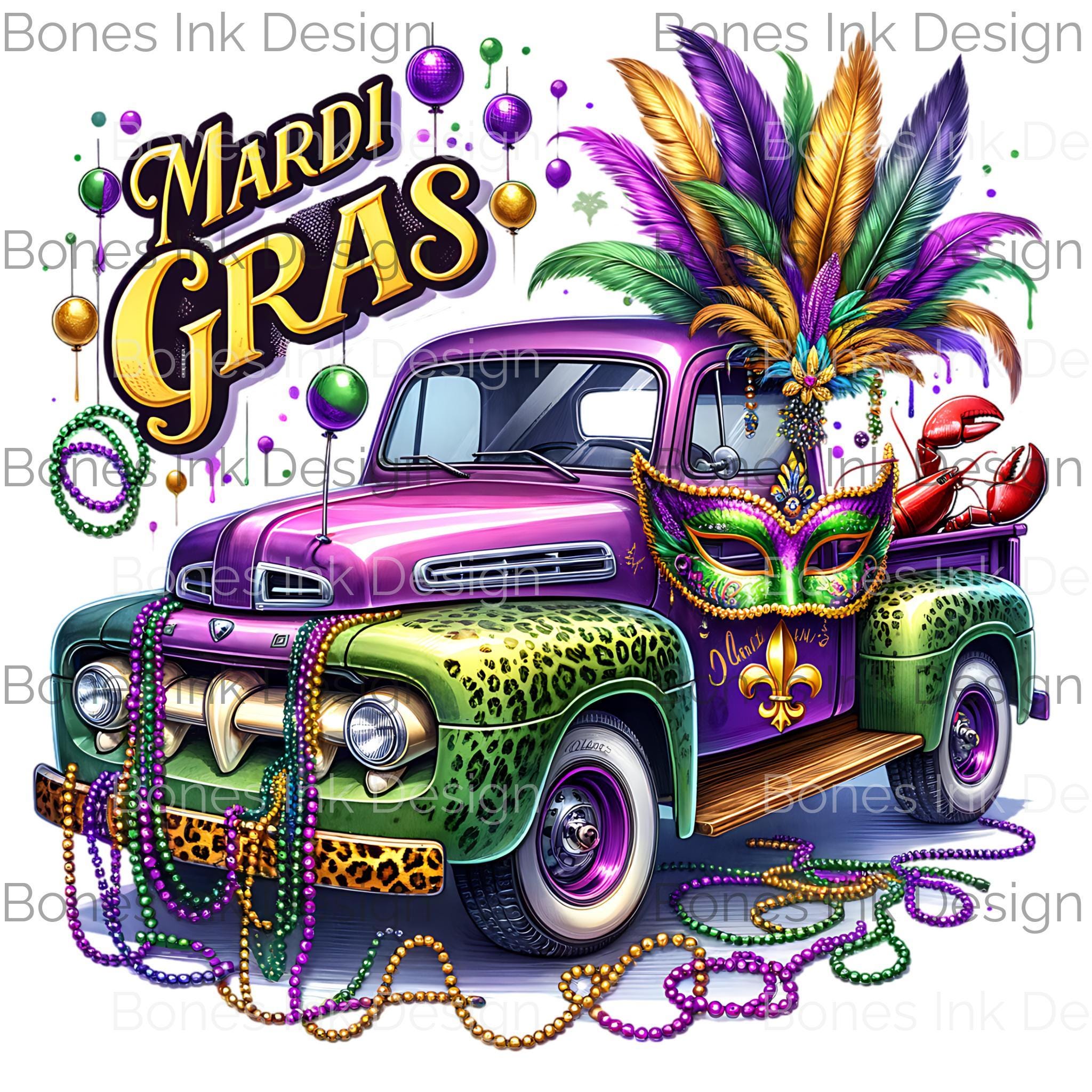 Vibrant Mardi Gras png Vintage Truck Clipart with Mask, Lobster, and Beads for T-shirt Design and Sublimation Projects,DTF Transfer