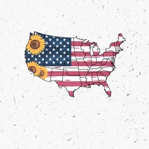4. Juli Clipart PNG, Patriotisches T-Shirt Design PNG, USA Karte mit Sonnenblume, Amerikanische Flagge, Unabhängigkeitstag, Sommer Grafik