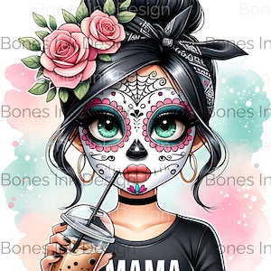 Black Hair Sugar Skull Mama Character with Floral Accents PNG, Coffee Lover Clipart- Perfect for T-shirt Designs and Sublimation Projects