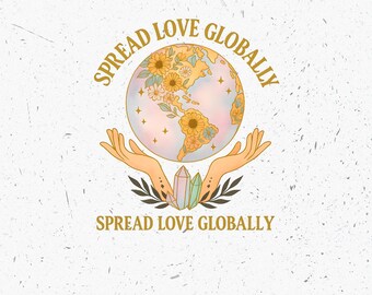 Descarga digital "Difunde amor globalmente" de la Tierra, impresión floral de la Tierra, arte de sanación con cristales, arte bohemio, cita inspiradora, decoración bohemia.