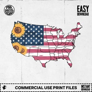 4. Juli Clipart PNG, Patriotisches T-Shirt Design PNG, USA Karte mit Sonnenblume, Amerikanische Flagge, Unabhängigkeitstag, Sommer Grafik