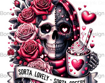 Sorta Lovely - Sorta Creepy Skull with Roses and Hearts Design for T-shirts, Tumblers, and DTF Transfers, Valentines Day png Clipart