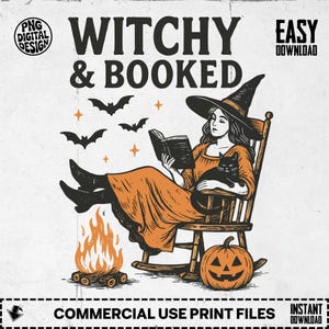 Witchy and Booked Digital Download, Halloween Clipart PNG, Cozy Witch Reading Art, Autumn Fall, Witch Cat, Pumpkin Jack, Spooky Season
