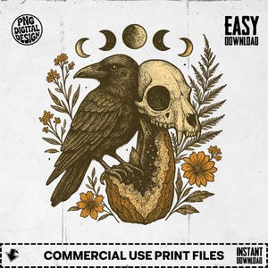 Raven Vintage Clipart png,Digital Download,Crow Skull Clipart,Moon Phases Design,Floral Crow Art,Occult Clipart Print,Gothic PNG