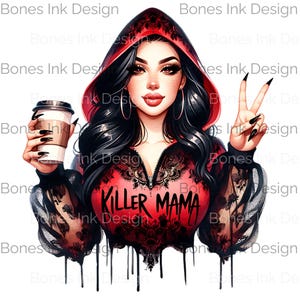Stylish Cartoon Character KILLER MAMA with Black Hair and Red Hoodie - Perfect for T-shirt and Tumbler Designs, Coffee Lover png, DTF