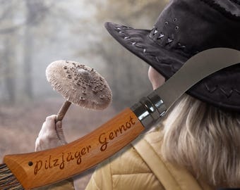 Pilzmesser mit Gravur – Opinel Pilzmesser mit Bürste & Pinsel – Schwammerlmesser personalisiert – Pilze sammeln Set Geschenk