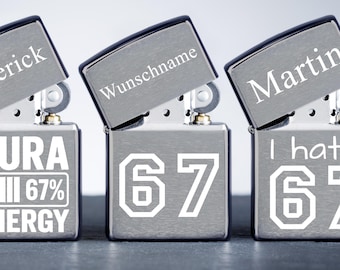 Zippo lighter with a fun "67" engraving | 67 meme as a humorous youth culture | Laser engraving with your name | Personalized gift for him