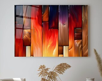 Fiery Wood Printing Wall Art, Glass Poster For Living Room Decor, Abstract Wall Art, UV Printing Wall Decor, Large Wall Decor