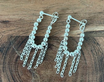 Sterling Silver Handmade Earrings, Mini 3mm Silver Round Beaded Huggie Earrings, Sterling .925 earrings, beaded fringe earrings,Chain fringe