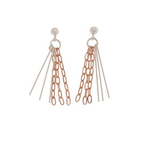 Handmade Rose Gold & Sterling silver earrings, Silver 3mm beaded Earrings, 14K Rose Gold chain, simple earrings, 2 tone earrings
