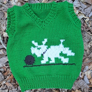 May include: A green knitted vest with a white and black graphic of a creature with a ball. The creature has a long snout and a tail.
