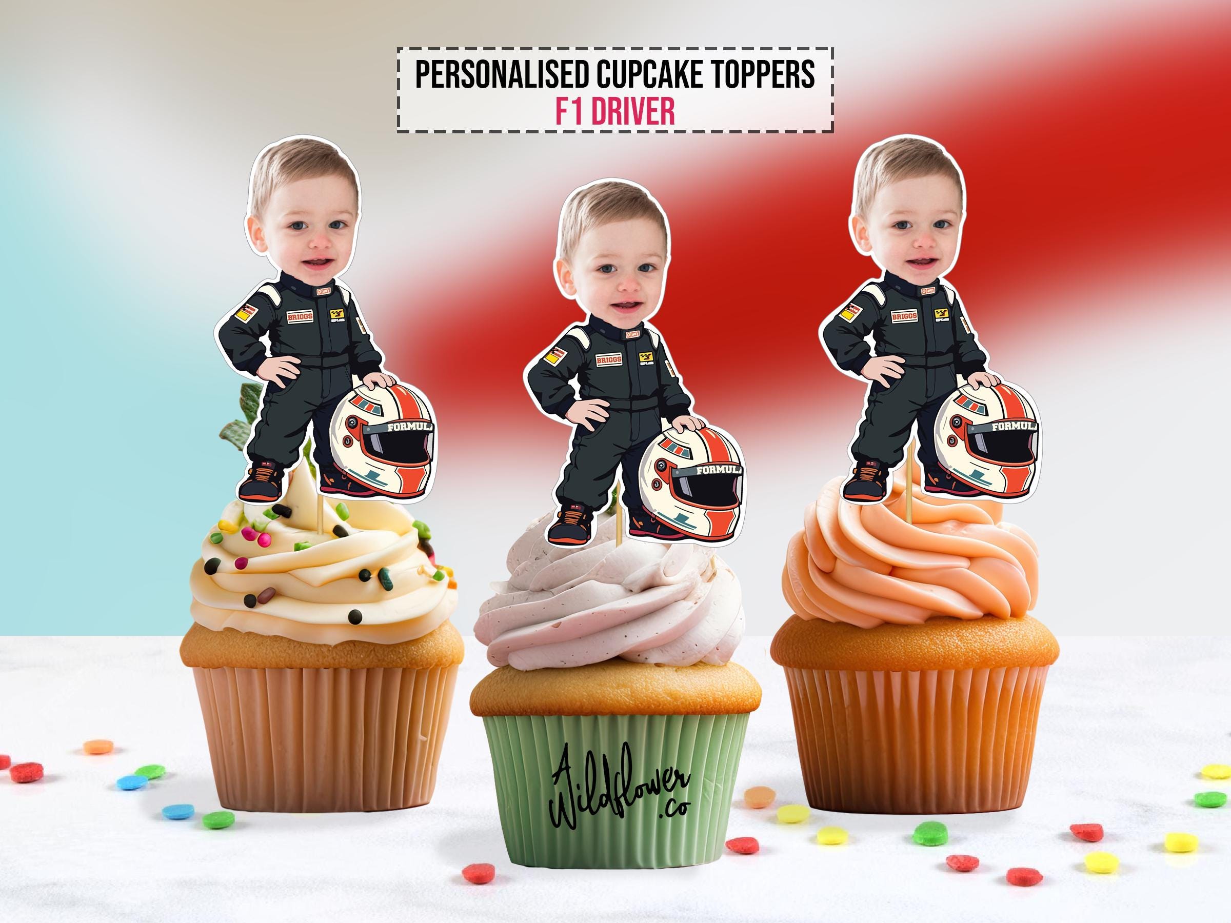 F1 Formula one race car driver motor bike GP custom face cupcake topper party decoration, personalised birthday toppers, kids topper in PDF