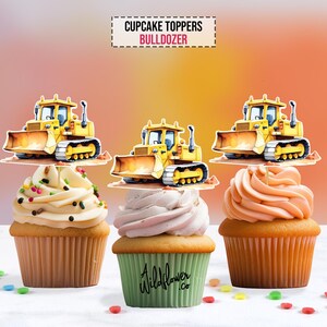May include: Yellow bulldozer cupcake toppers with a white background. The toppers are printed with a cartoon image of a bulldozer. The text "CUPCAKE TOPPERS BULLDOZER" is printed in black on a white rectangle.