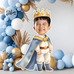 Recorte de cara de príncipe personalizado, soporte de rey redimensionable, decoración de fiesta de la realeza, decoración de corona para tarta, accesorio de stand para niños PNG PDF