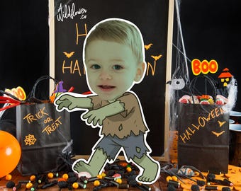 May include: A cartoon illustration of a child dressed as a zombie, with green skin and torn clothing, walking towards the viewer. The background includes Halloween decorations, candy, and bags that say "Trick or Treat" and "Halloween".