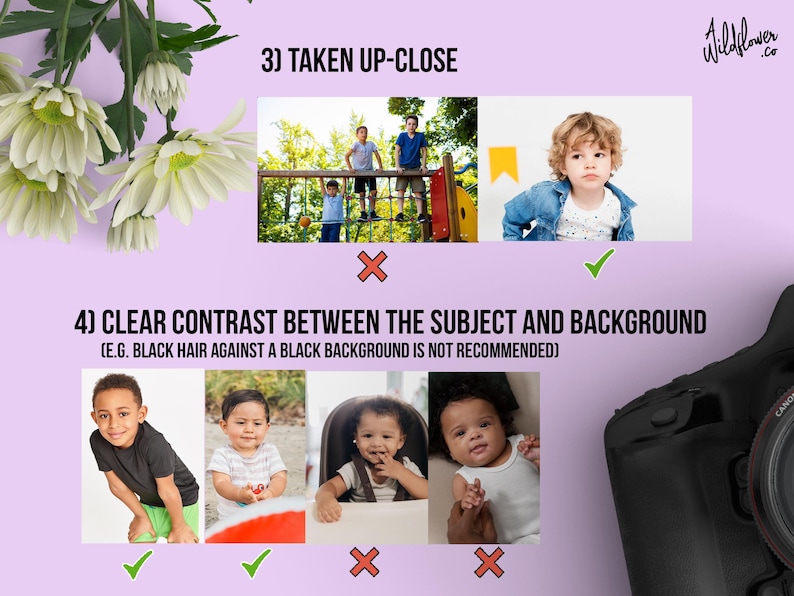 May include: Image with text about photography tips. The text includes "TAKEN UP-CLOSE" and "CLEAR CONTRAST BETWEEN THE SUBJECT AND BACKGROUND". The image also features a camera and children.