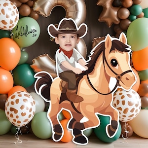Cowboy a cavallo, sagoma personalizzata del volto, animale in piedi, decorazione personalizzata per feste, decorazione per cake topper, accessorio per stand per bambini PNG PDF