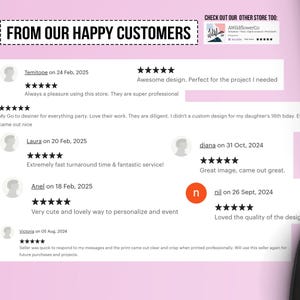 May include: A computer keyboard, mouse, and stylus are arranged on a pink surface. The image features customer reviews with star ratings and text, including "FROM OUR HAPPY CUSTOMERS" and a store logo.