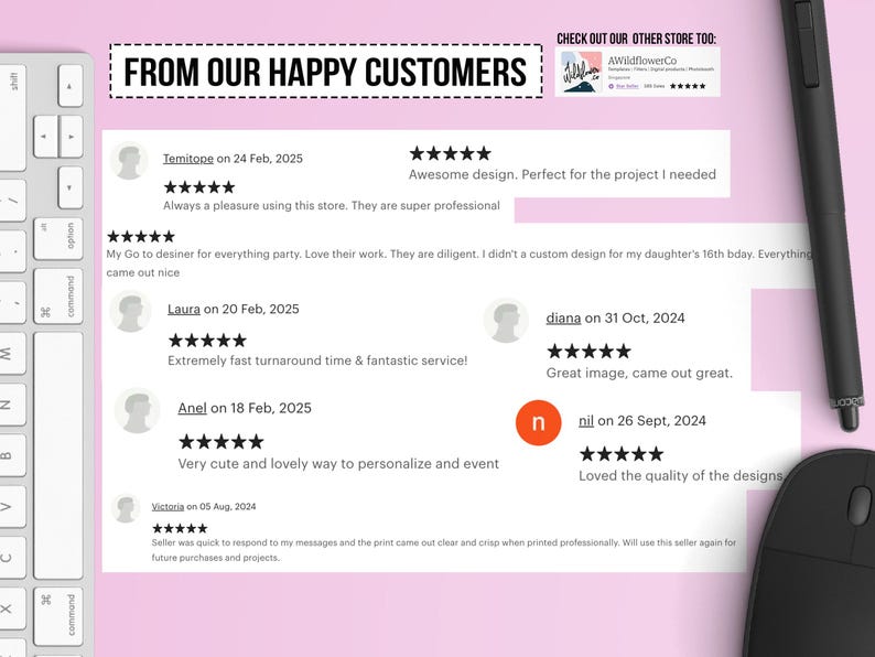 May include: A computer keyboard, mouse, and stylus are arranged on a pink surface. The image features customer reviews with star ratings and text, including "FROM OUR HAPPY CUSTOMERS" and a store logo.