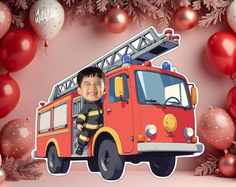 Fireman firefighter truck custom face cutout, Resizable standee, party decor, Cake topper decoration, booth prop PNG