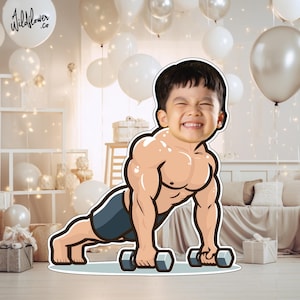 May include: A cartoon illustration of a person doing a push-up with two dumbbells. The person has a large head and a muscular body. The background is a room with white balloons and a white couch.