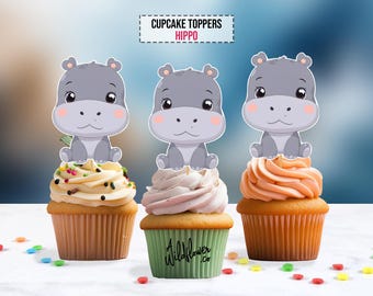 Hippo cupcake toppers party decoration for children birthday party, wedding bridal shower in PDF