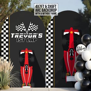 Fondo de arco con nombre personalizado para decoración de coche de carreras de F1, stand, decoración recortada para stand de fiesta y utilería de 3 pies x 6 pies, 4 pies x 7 pies PNG PDF