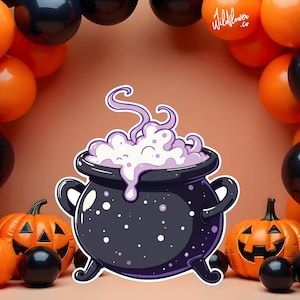 Może przedstawiać: Kreskówkowa ilustracja czarnego kotła z fioletowym bulgoczącym eliksirem, otoczona pomarańczowymi i czarnymi balonami oraz dyniami. Kocioł ma białe detale w kształcie gwiazd, motyw Halloween.