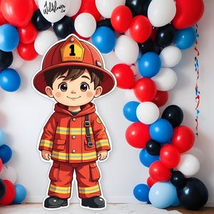 Fireman resizeable cutout standee, Fire fighter party decor, Cake topper decoration, children booth prop PNG PDF