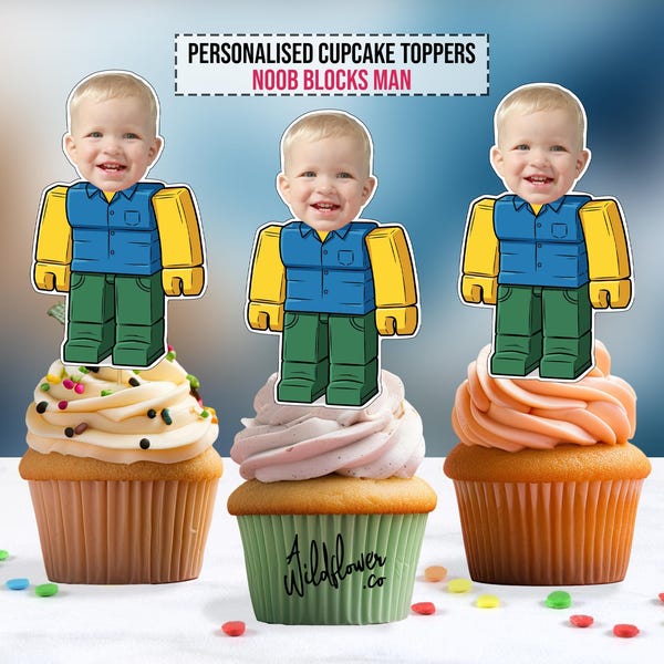 Noob Blocks Man custom face cupcake topper party decoration, personalised birthday toppers, Funny kids topper in PNG