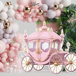 Recorte de carruaje ajustable, soporte de acuarela, decoración de fiesta rosa, decoración de pastel de princesa, accesorio de stand para niños PNG PDF
