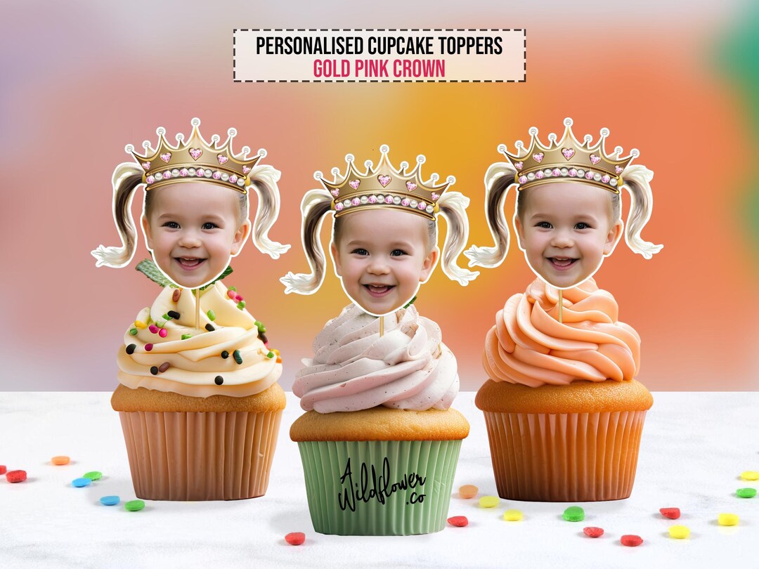 Gold Pink Tiara Crown Custom Face Cupcake Topper Party Decoration ...