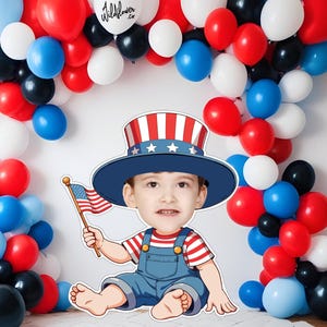 Fourth of July Patriotic Baby custom face cutout, standee, personalised party decor, Cake topper decoration, children booth prop PNG PDF